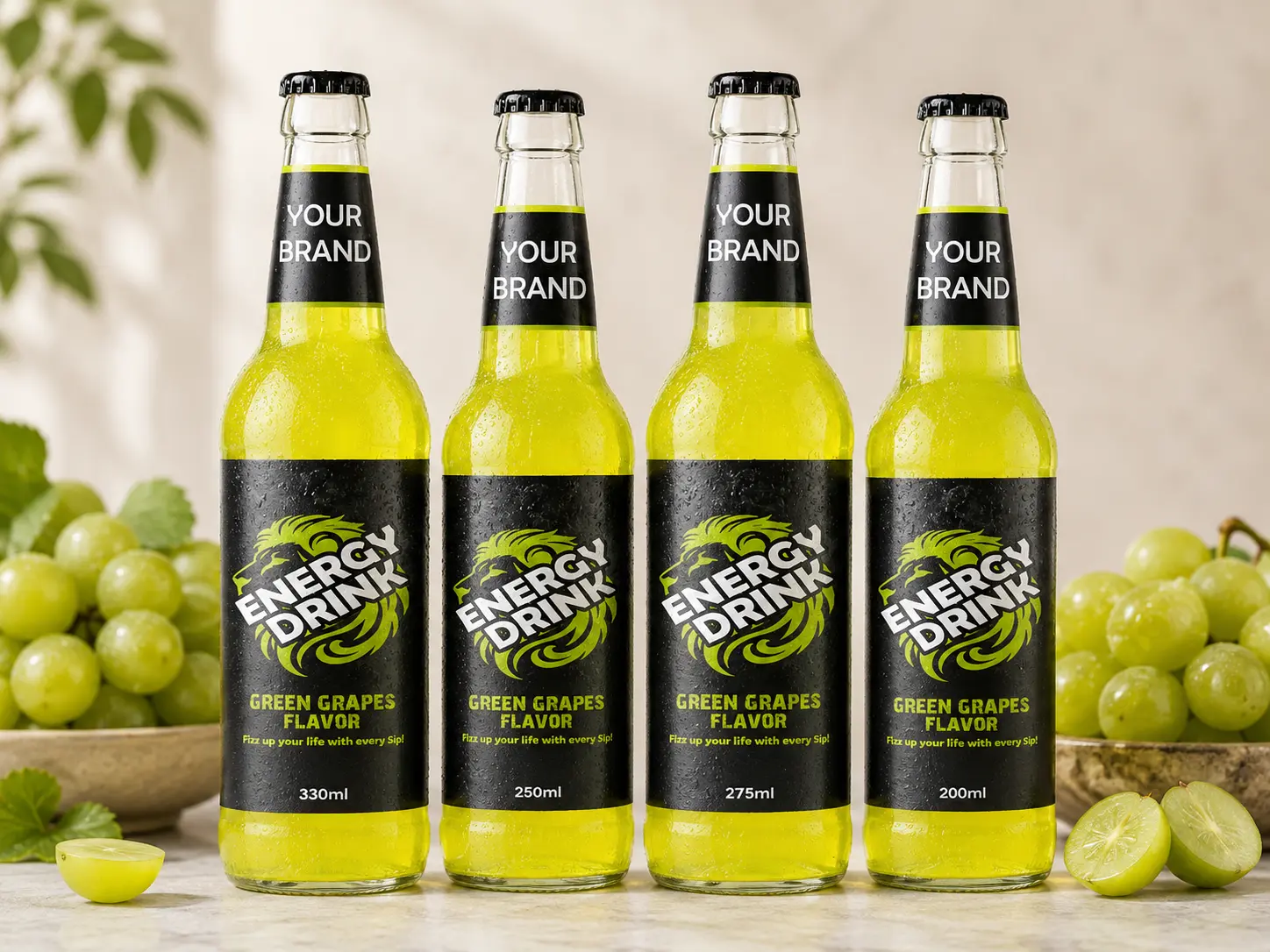 ENERGY DRINK Green Grapes Flavor 330ml, 250ml, 275ml and 200ml glass bottles